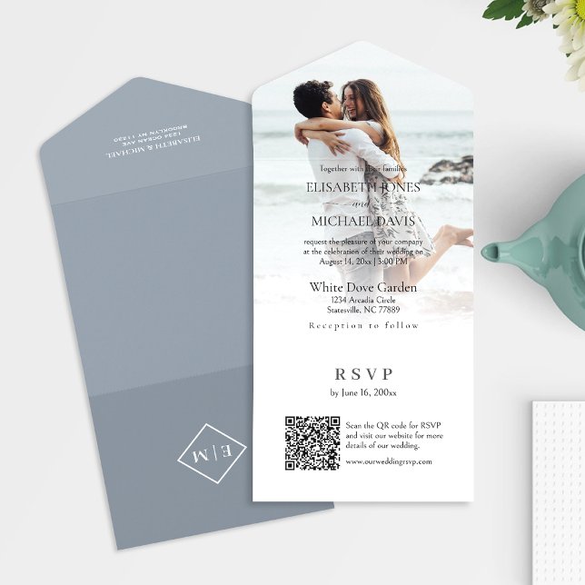 Modern Grått Photo QR Code Online Bröllop (All-in-one wedding invitation with QR code to RSVP - Simplify and save time for you and your guests.)