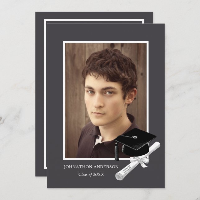 Modern Grått Photo Studentfest-meddelande Inbjudningar (Fram/baksida)