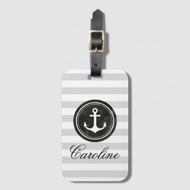 Modern Grått Rand Black Anchor Namn Bagagebricka (Framsida vertikal)