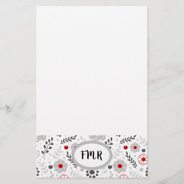 Modern Grått Red Blommigt Monogram Brevpapper (Framsida)