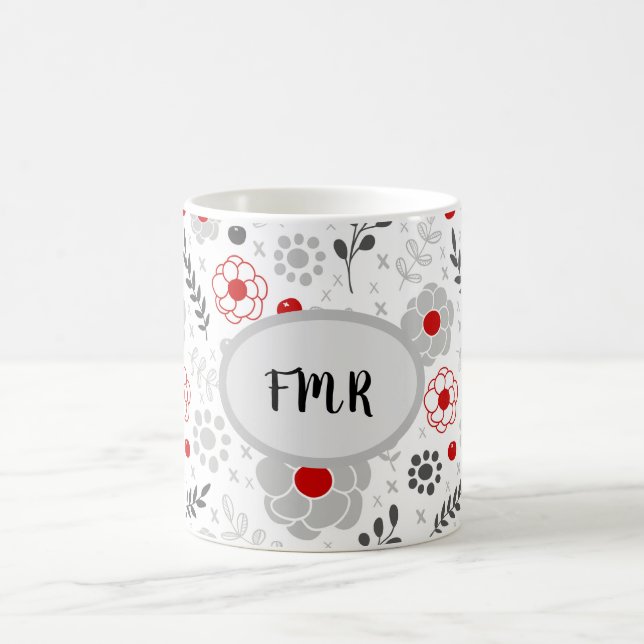 Modern Grått Red Blommigt Monogram Kaffemugg (Center)