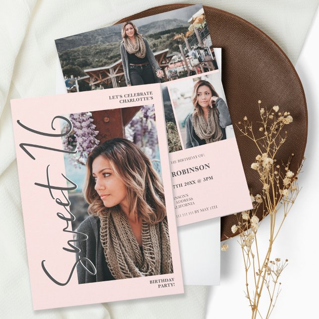 Modern Grått script 4 foton rosa Sweet 16 Inbjudningar (Skapare uppladdad)