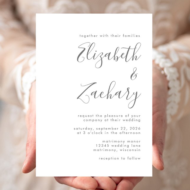 Modern Grått Script White Wedding-inbjudan Inbjudningar (Skapare uppladdad)