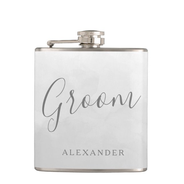 Modern Grått Silver Grooms Wedding Favor Namn Gift Fickplunta (Framsidan)