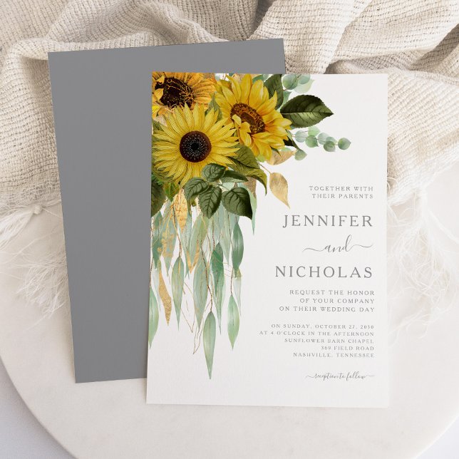 Modern Grått Sunblommblommor Bröllop Inbjudningar (Modern Gray Sunflowers Wedding Invitation)