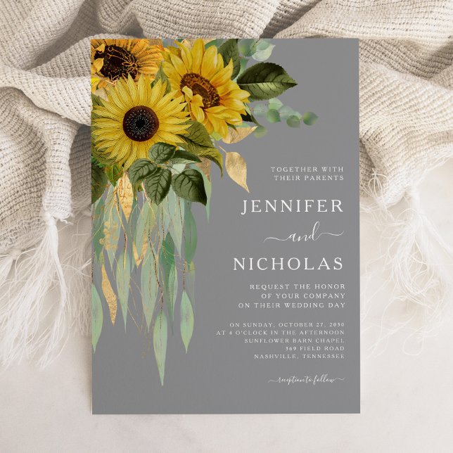 Modern Grått Sunblommblommor Bröllop Inbjudningar (Modern Gray Sunflowers Wedding Invitation)