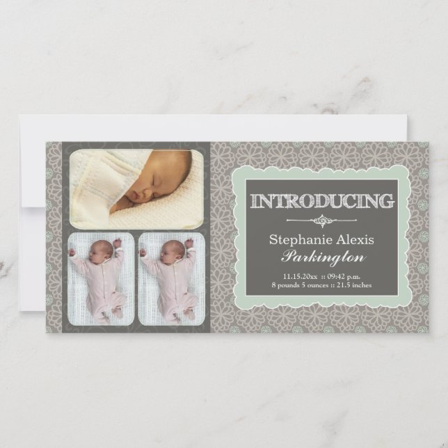 Modern grått teal-blommor, baby-meddelande meddelande (Framsida)