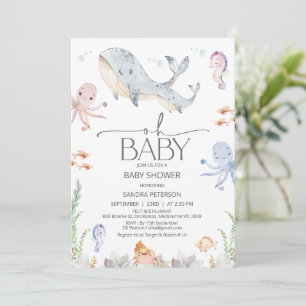 Modern Grått Whale Oh Baby under Sea Baby Shower Inbjudningar