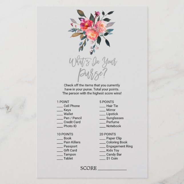 Modern Grått "What's in you Purse"-spel Flygblad (Baksidan)