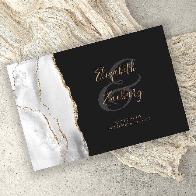 Modern Grått White Agate Guld Script-Mörk Gästböcker (Skapare uppladdad)