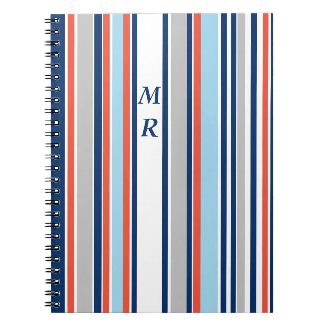Modern Grått White Blue Red Rand Monogram Anteckningsbok (Framsidan)