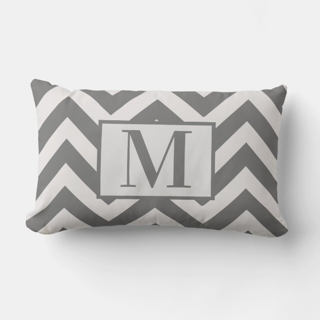 Modern Grått White Chevron Design Monogram Lumbarkudde (Framsida)