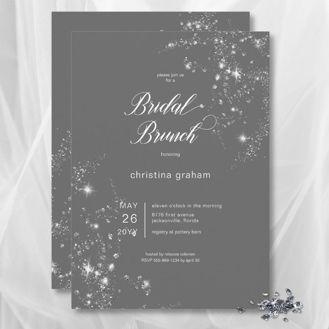 Modern Grått & White Glam Diamonds Möhippa Brunch Inbjudningar (Modern Gray & White Glam Diamonds Bridal Brunch Invitation)