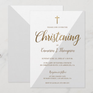 Modern Grått White Guld Christening baby Inbjudningar