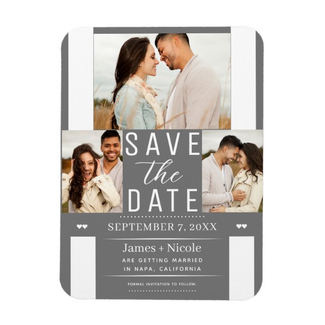 Modern Grått White Save Date 3 Photo Bröllop Magnet (Vertikal)
