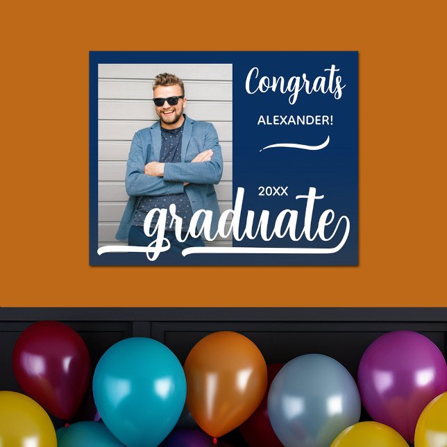 Modern Gratulerara Studenten-fotoblå Poster (Modern congrats blue graduation poster with your photo)