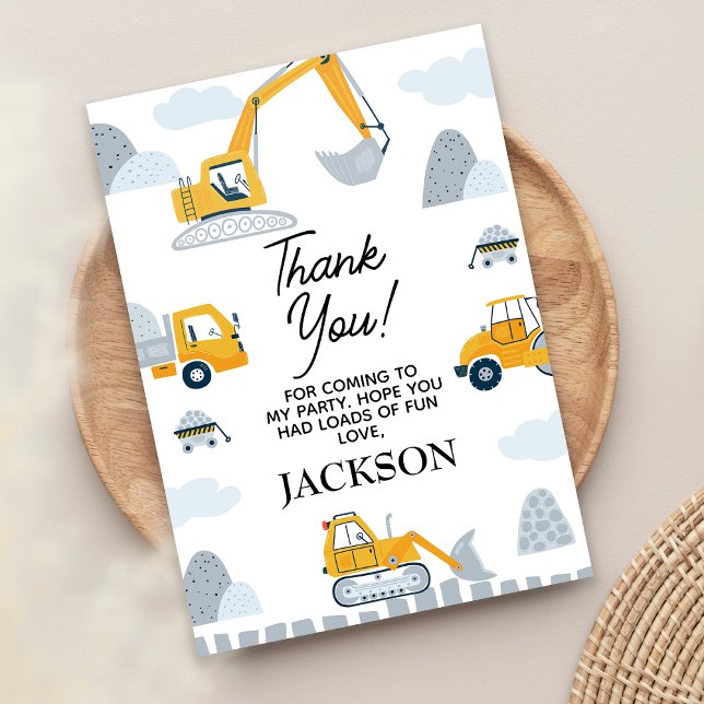 Modern Gräver upp lite Roligt Bygg födelsedag Tack Kort (Boys Construction Birthday Thank You Card, Yellow Grey Construction Themed Birthday Thank You Card)