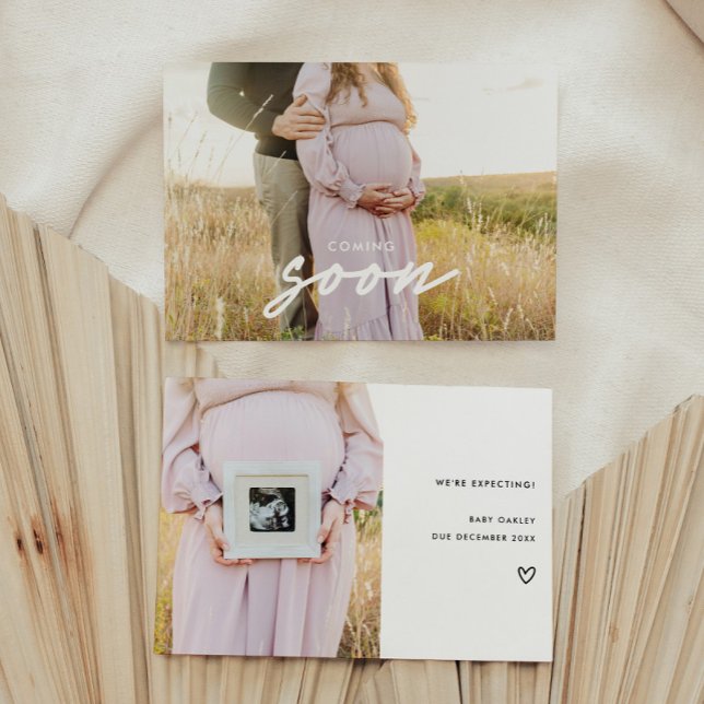 Modern Gravid för "Kommer snart" med två foto-Baby Meddelande (Skapare uppladdad)