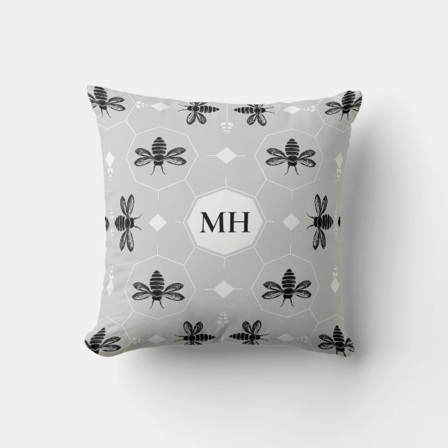 Modern Gray Elegant Black Bee Pattern Monogram Kudde (Framsida)