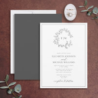 Modern Gray Leafy Crest Monogram Wedding