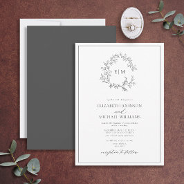 Modern Gray Leafy Crest Monogram Wedding Inbjudningar