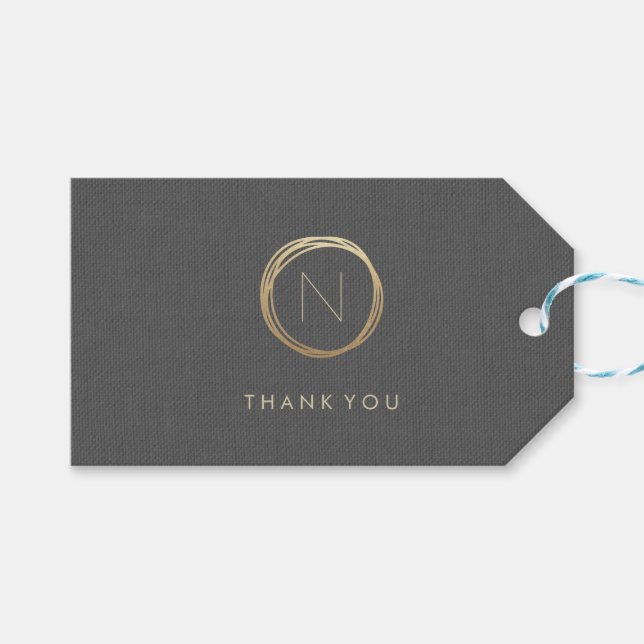 Modern Gray Linen Elegant Gold Monogram - tack Presentetikett (Framsidan (Horisontell))