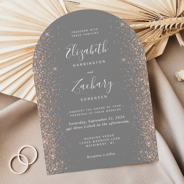 Modern Gray Peach Glitter Arch Wedding Inbjudningar (Skapare uppladdad)