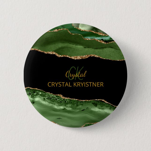 Modern Green and Gold Glitter Monogram  Knapp (Framsida)