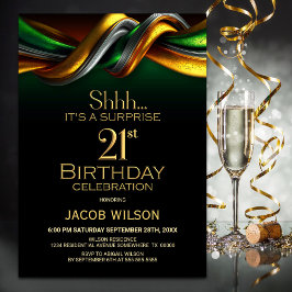 Modern Green and Gold Surprise 21st Birthday Party Inbjudningar