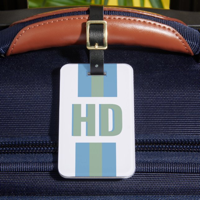 Modern Green Blue striped Shadow Monogram girly Bagagebricka (Framsida Insitu 2)