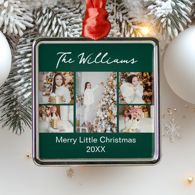 Modern Green Christmas Family Photo Collage 2025 Julgransprydnad Metall (Skapare uppladdad)