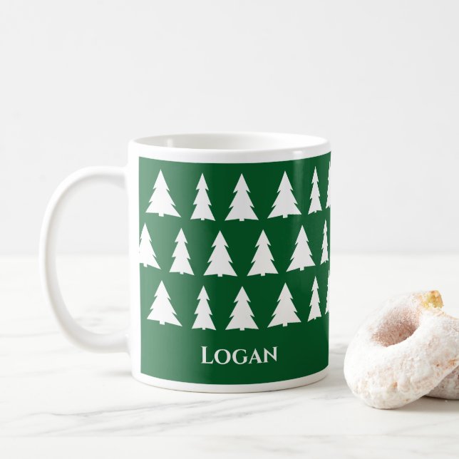 Modern Green Christmas Tree Pattern with Name Kaffemugg (Med munk)