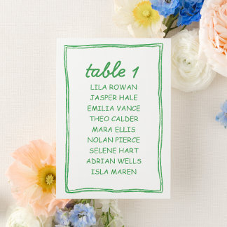 Modern Green Doodle Wedding Seating Chart Card Bordsnummer