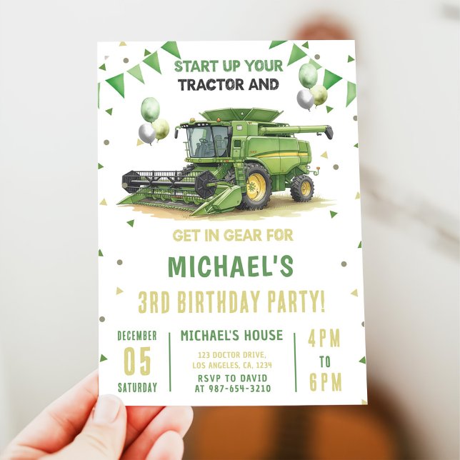 Modern Green Farm Tractor 3rd Birthday Invitation Inbjudningar (Skapare uppladdad)