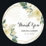 Modern  Green Floral gold Wedding Favor Thank You  Runt Klistermärke<br><div class="desc">This is a touch of modern elegant script which adds to your wedding favors with these Green Floral Geometric Thank You Stickers. This geometric design with green and gold color palette altogether gives a chic contemporary look which is perfect for any modern wedding occasion. These round stickers can be personalized...</div>