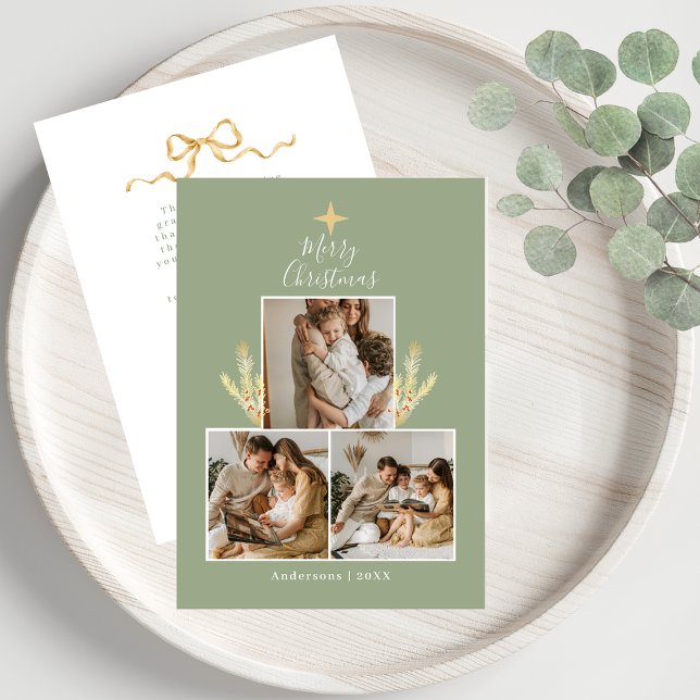 Modern Green & Gold Christmas Tree 3 Photo Collage Julkort (Skapare uppladdad)