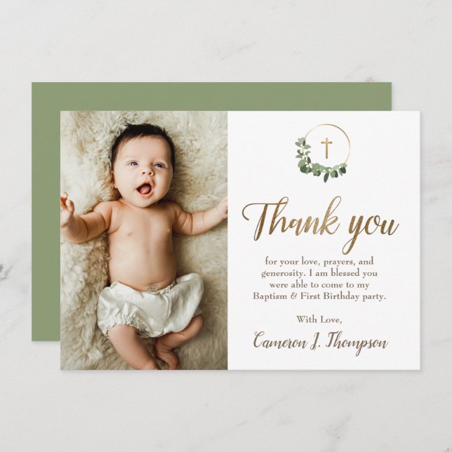 Modern Green Gold Cross baptism 1st birthday photo Tack Kort (Fram/baksida)