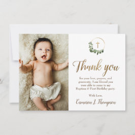 Modern Green Gold Cross baptism 1st birthday photo Tack Kort