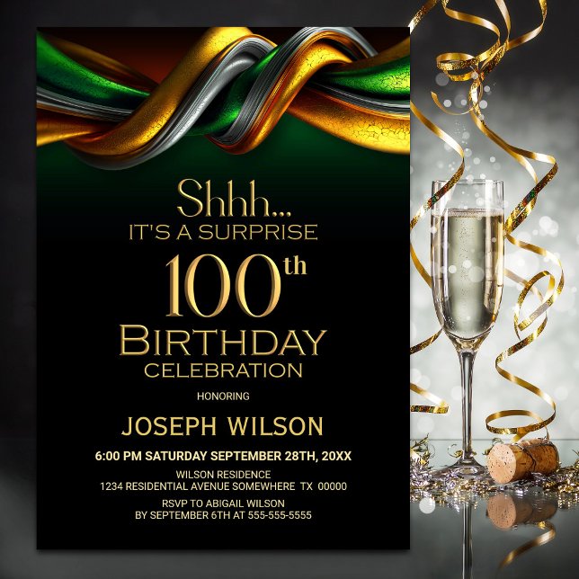 Modern Green Gold Surprise 100th Birthday Party Inbjudningar (Skapare uppladdad)