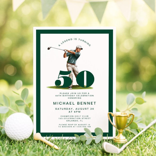 Modern Green Golf 50-årsfirande Inbjudningar (Modern Green Golf 50th Birthday Invitation)