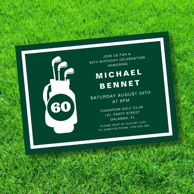 Modern Green Golf 60th Birthday Inbjudningar (Modern Green Golf 60th Birthday Invitation)