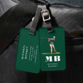 Modern Green Golfer Sport Monogram Bagagebricka