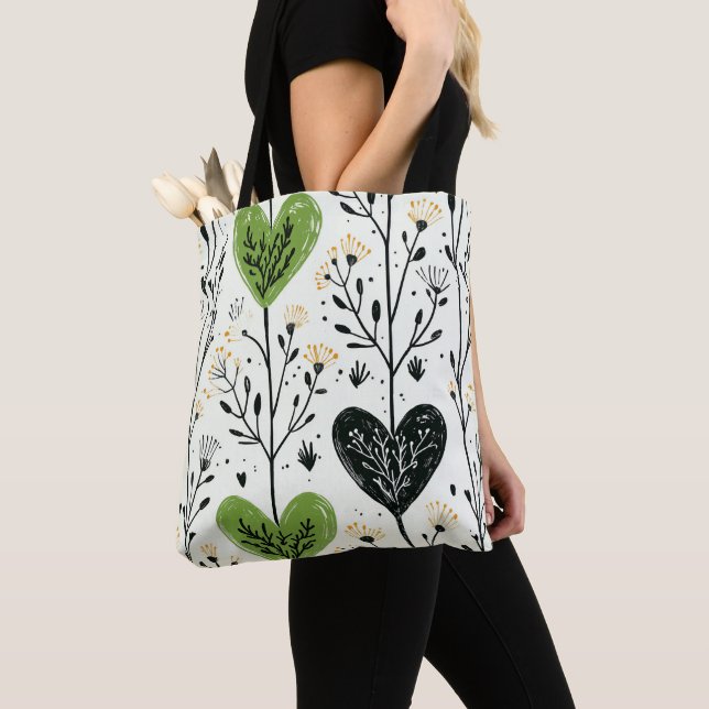 Modern Green Heart Botanical Tote Bag Tygkasse (Närbild)