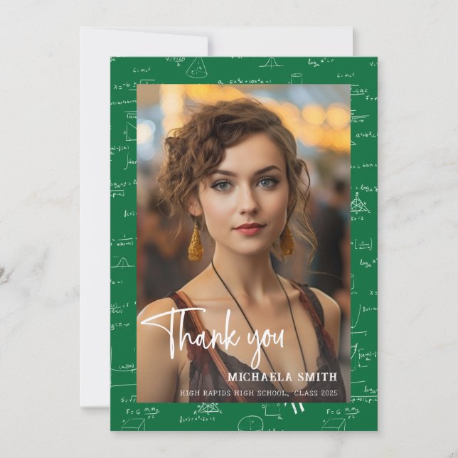 Modern Green Math Script Photo Graduation  Tack Kort (Framsida)