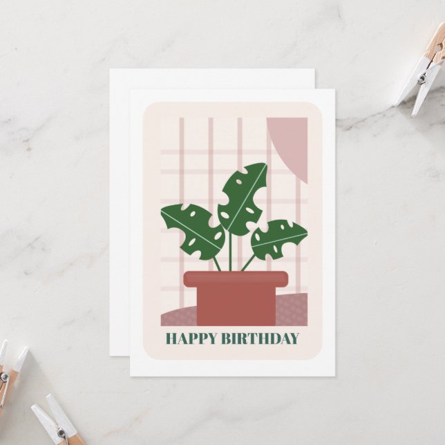 Modern Green Monstera Leaf Plant Birthday Card Kort (Fram/Back In Situ)