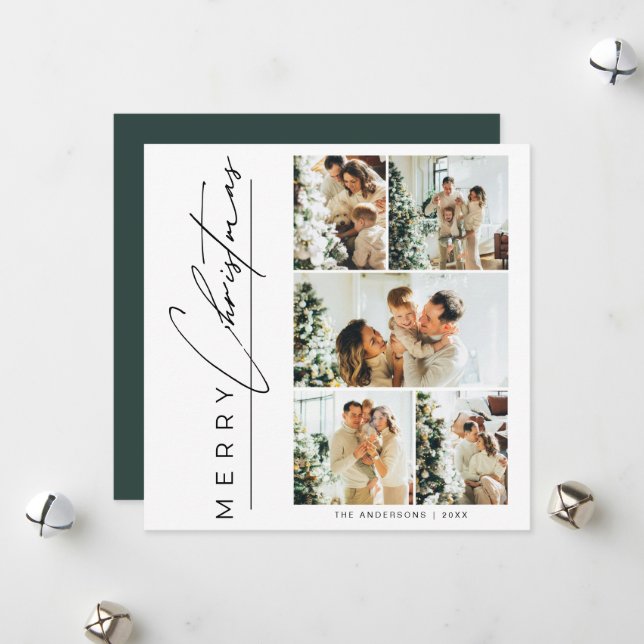Modern Green Multi Photo Merry Christmas Script Julkort (Fram/Back In Situ)