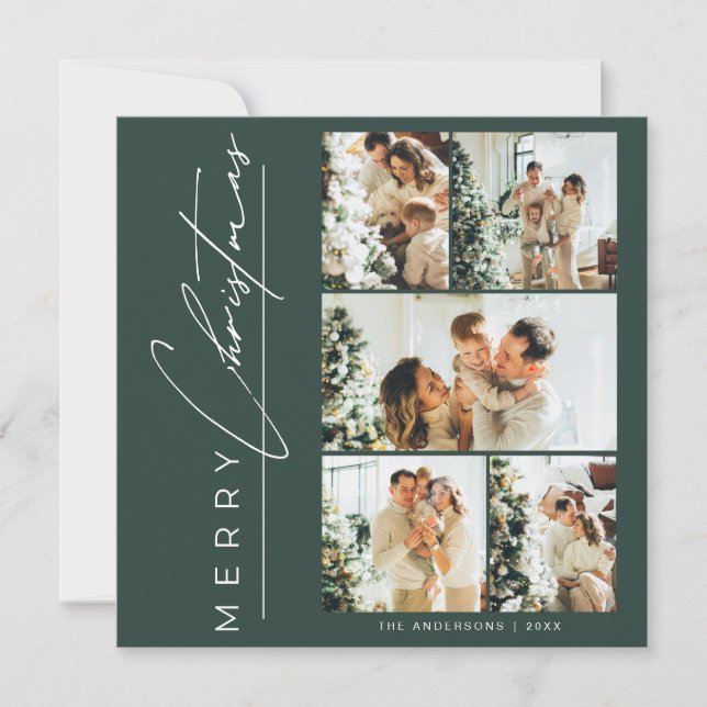 Modern Green Multi Photo Merry Christmas Script Julkort (Framsida)