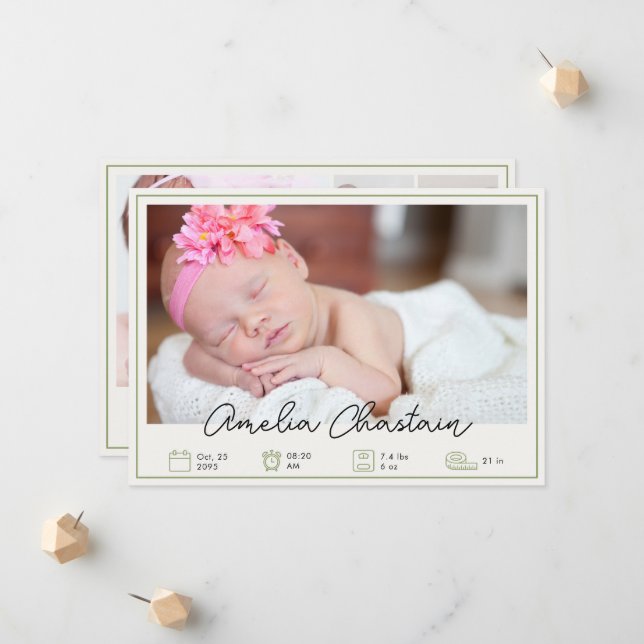 Modern Green Newborn Baby Photo Collage Birth  Meddelande (Fram/Back In Situ)