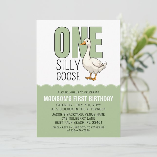 Modern Green One Silly Goose 1st Birthday  Inbjudningar (Stående Fram)
