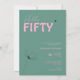 Modern Green Pink Hello Fifty Typo 50th Birthday Inbjudningar